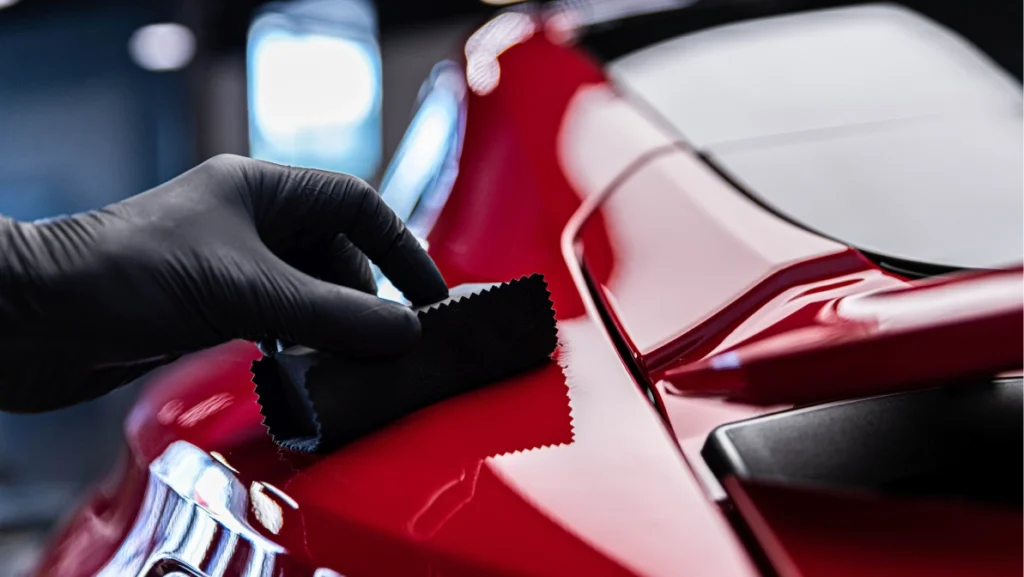 Application of ceramic coating in car detailing studio or car wash.